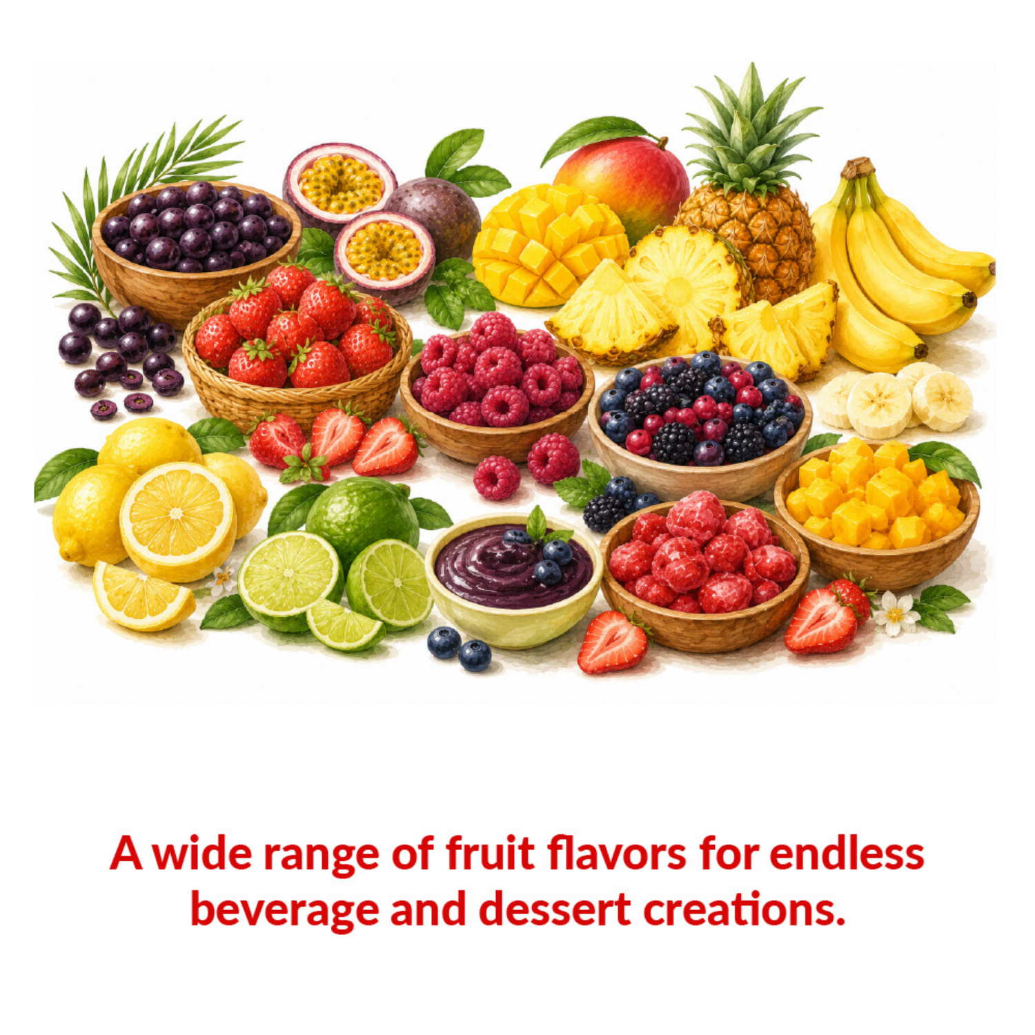 Wide selection of Mazzoni fruit flavors for creating beverages and desserts, featuring tropical fruits, berries, and citrus.
