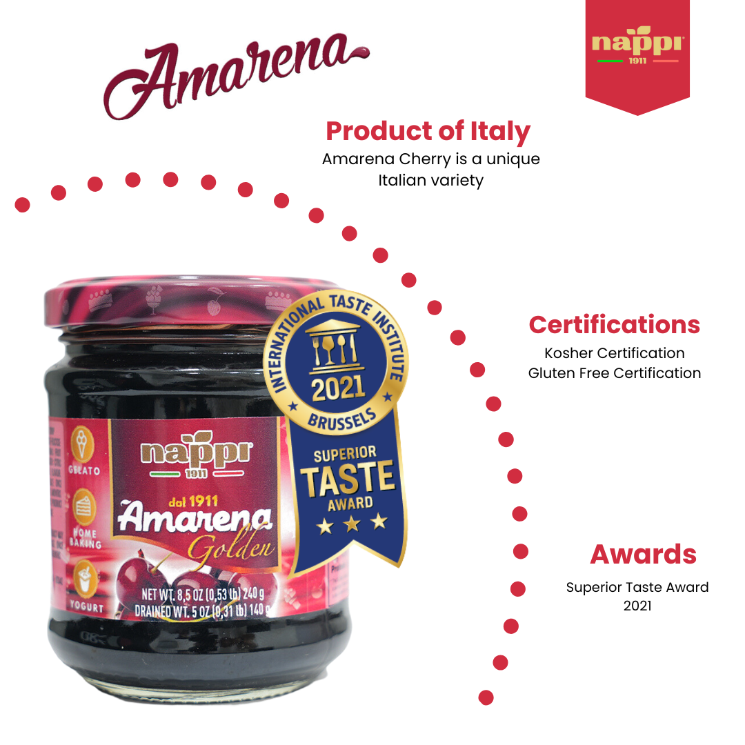 ITALIAN AMARENA CHERRIES - brought over from Italy. The caramelized wild cherries in Amarena Nappi 1911 Wild Cherries in Syrup are covered in syrup. Our cherries have the ideal ratio of sweetness to tartness. Amarena cherries are distinct from maraschino or cocktail cherries. Take your cocktails to the next level with our authentic Italian Amarena cherries when you want to amaze.