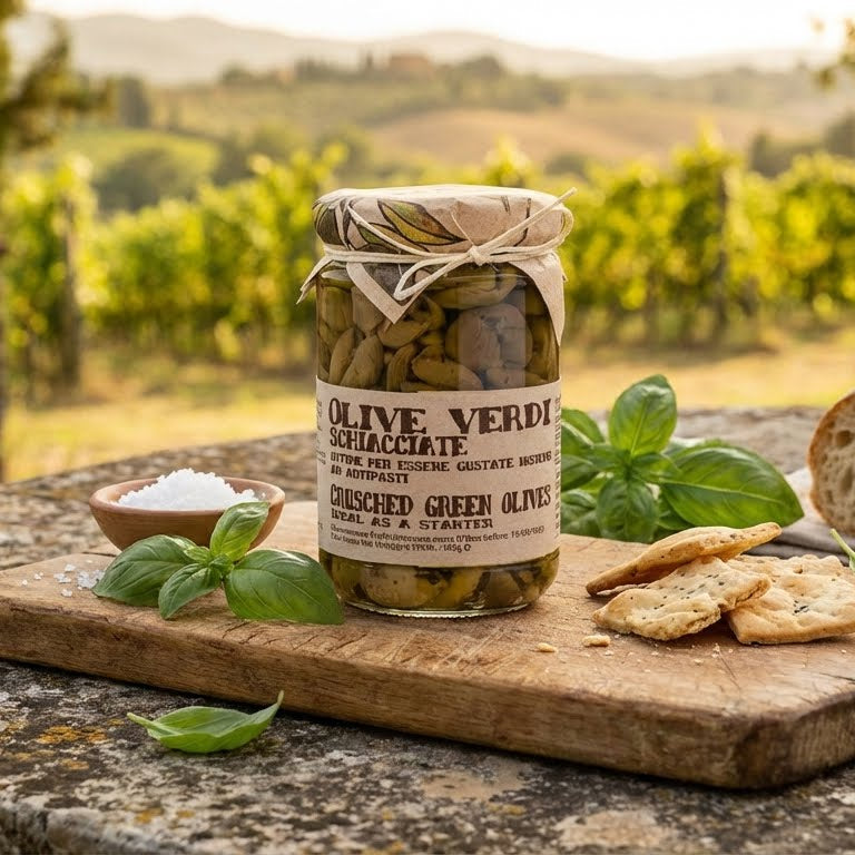 Jar of olive verdi schiacciate with basil and crackers on a wooden board with a vineyard background