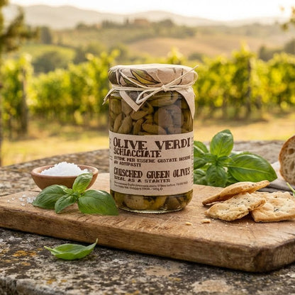 Jar of olive verdi schiacciate with basil and crackers on a wooden board with a vineyard background