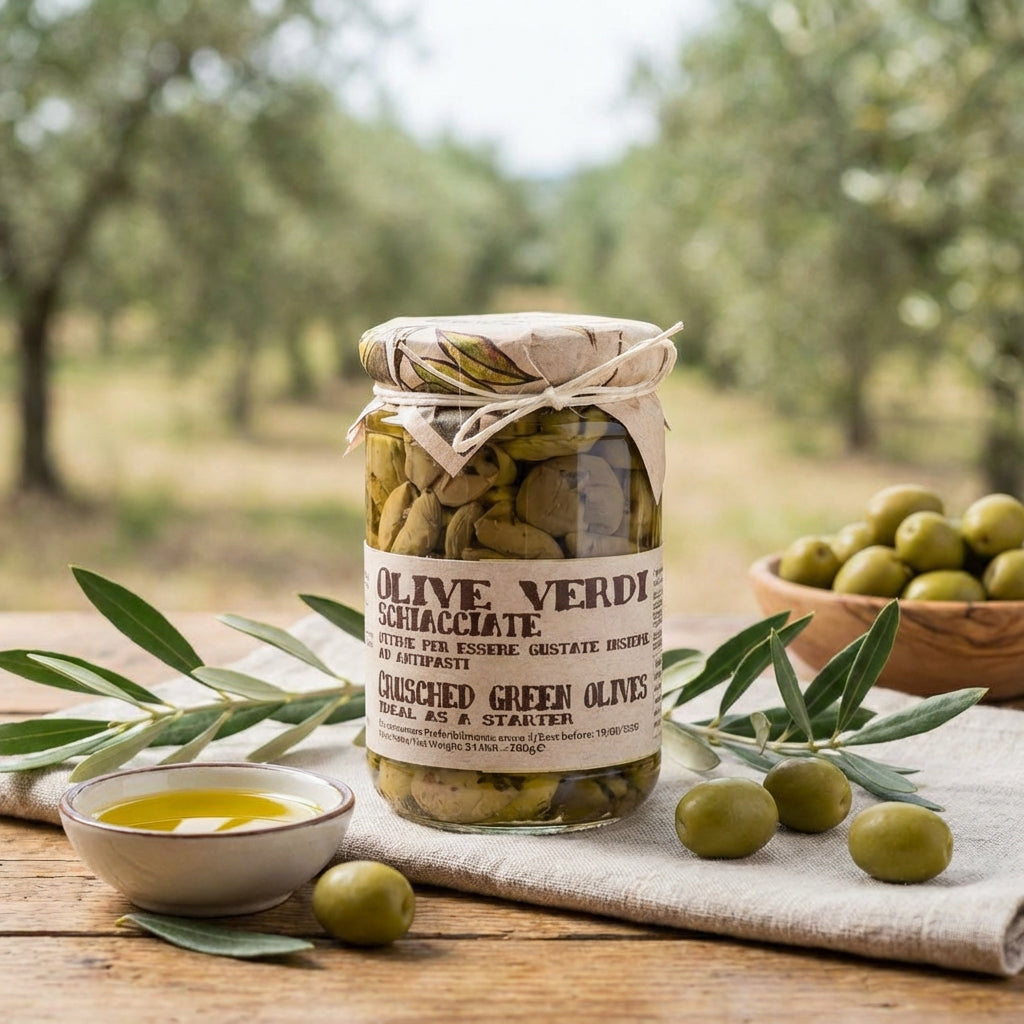 Jar of green olives with olive oil and leaves on a wooden table with an olive grove in the background.