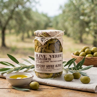 Jar of green olives with olive oil and leaves on a wooden table with an olive grove in the background.