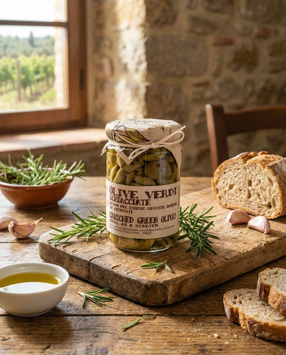 Jar of olive Verde on a wooden table with bread and herbs