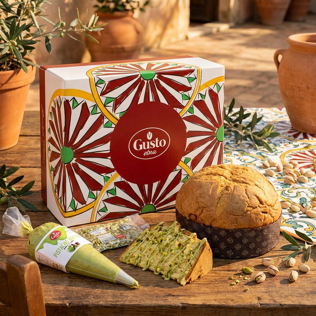Gusto Etna product packaging with bread and pastries on a wooden table