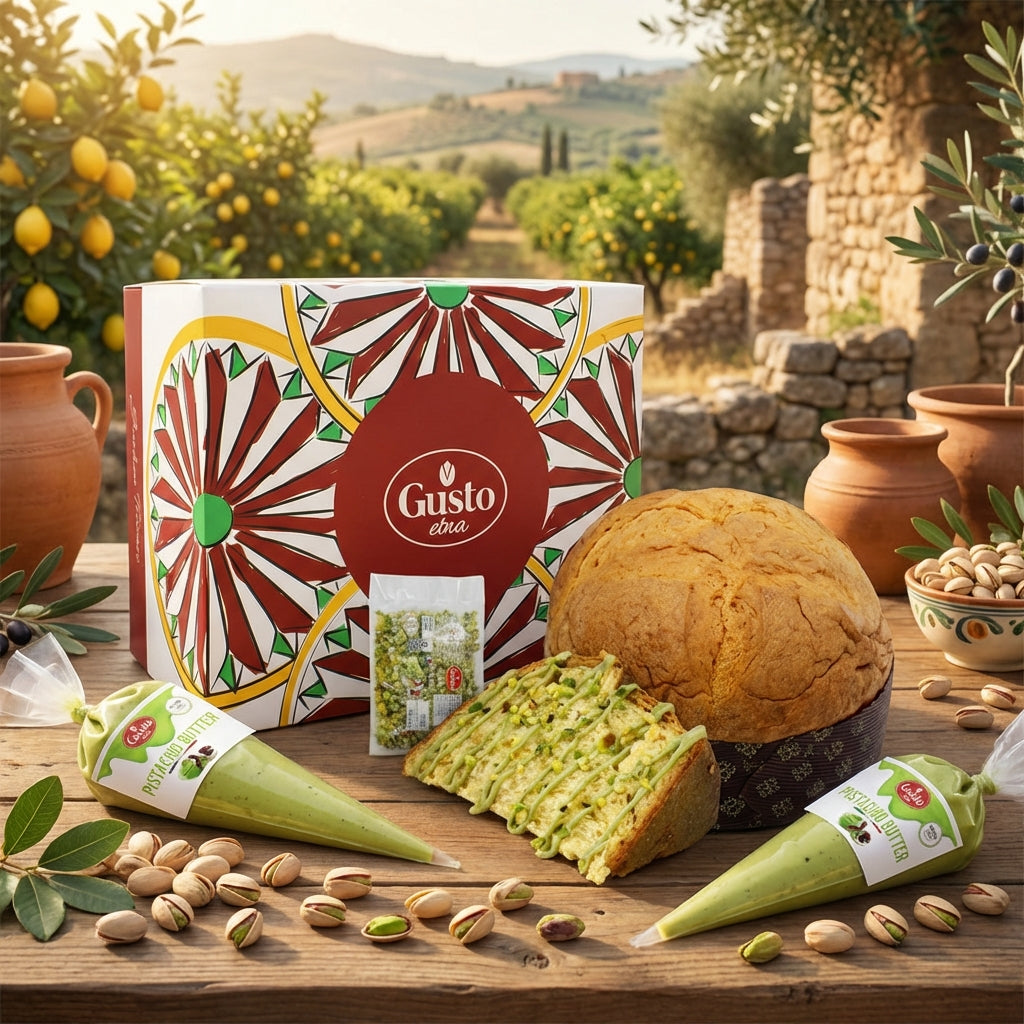 Bread with green spread, 'Gusto' packaging, and outdoor scenery with stone wall and lemon trees.