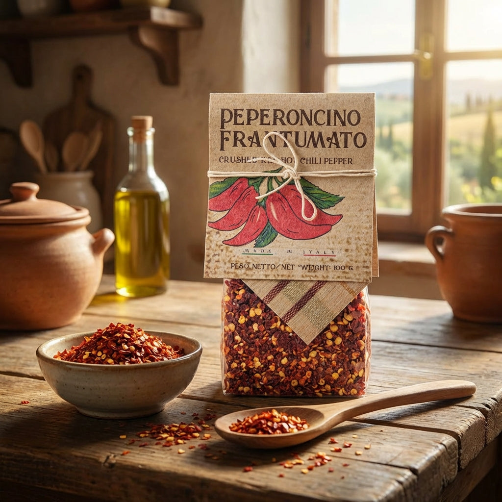 Packaged pepper product on a wooden table with a window in the background