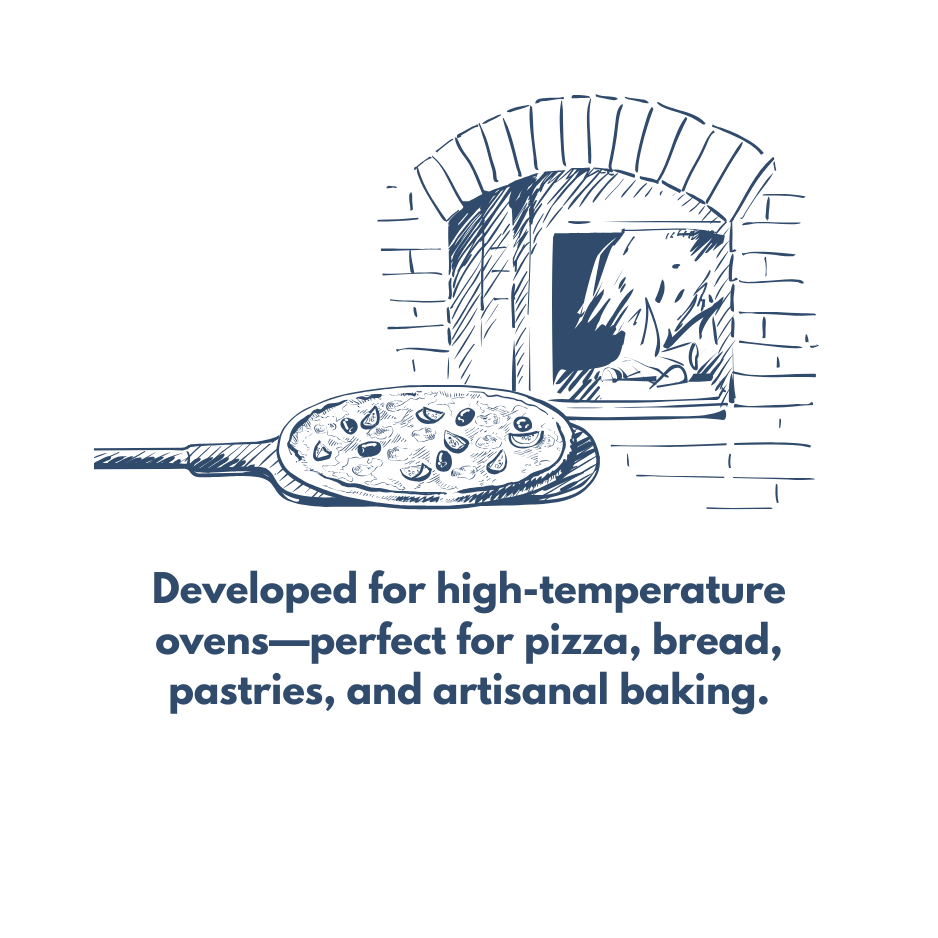 Icon showing Polselli flour developed for high-temperature ovens, ideal for pizza, bread, pastries, and artisanal baking