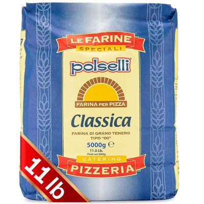 Polselli pizza flour bag with blue and yellow design on a white background