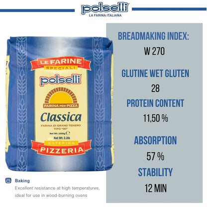 Polselli pizza flour Classic package with product details on a white background