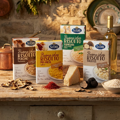A rustic Italian kitchen scene showcasing premium Scotti Buona Idea risotto varieties with authentic ingredients like truffle, saffron, porcini, and Parmigiano Reggiano.