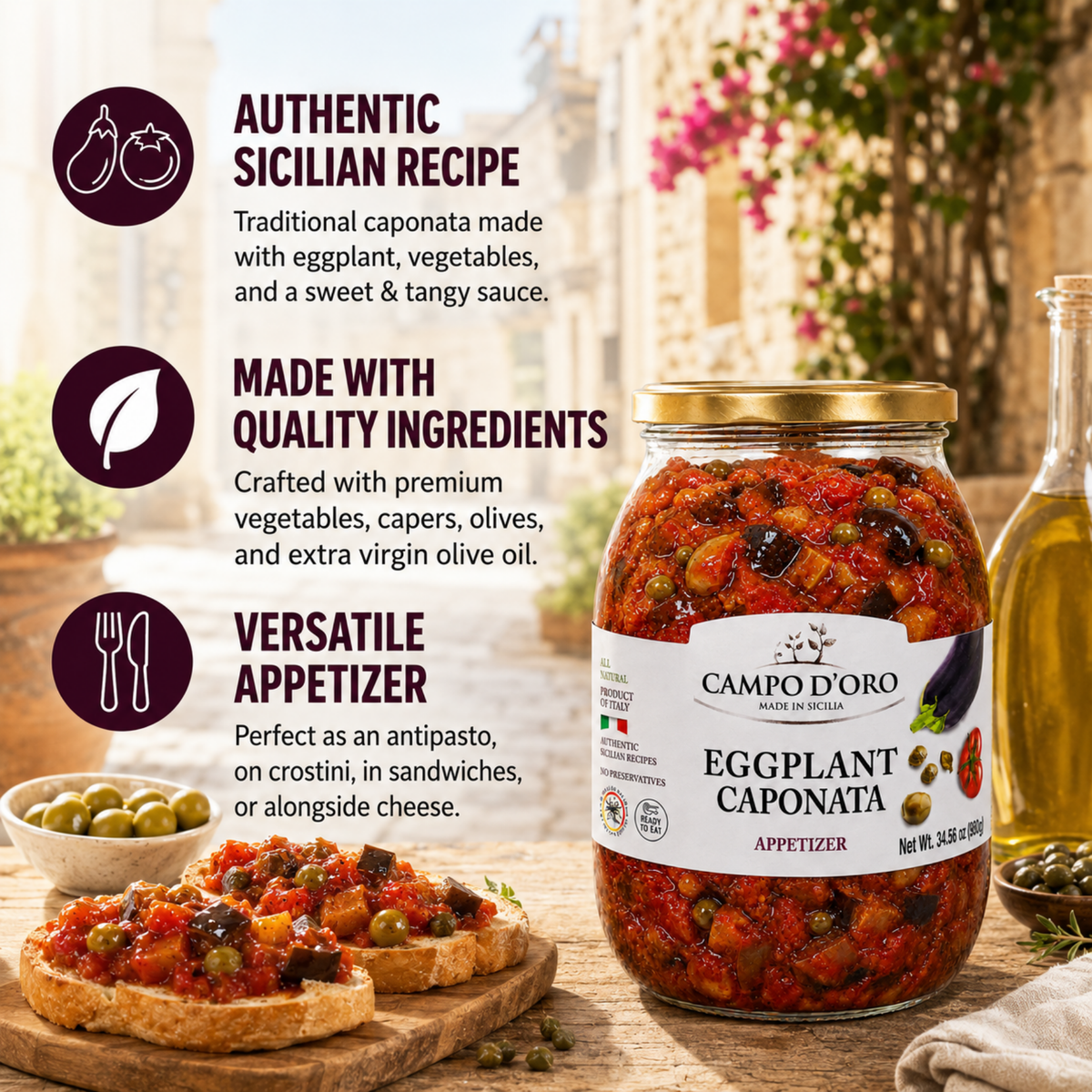 Campo D'Oro, Sicilian Eggplant Caponata, Appetizer, Big Jar, 34.5 oz