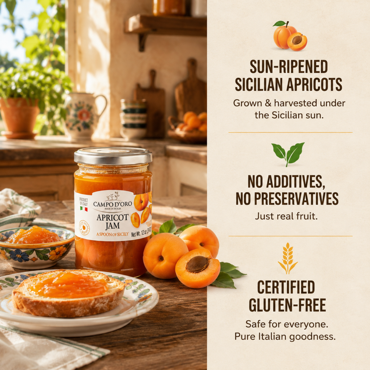 Campo D'Oro, Sicilian Apricot Jam, 12 oz (340g)
