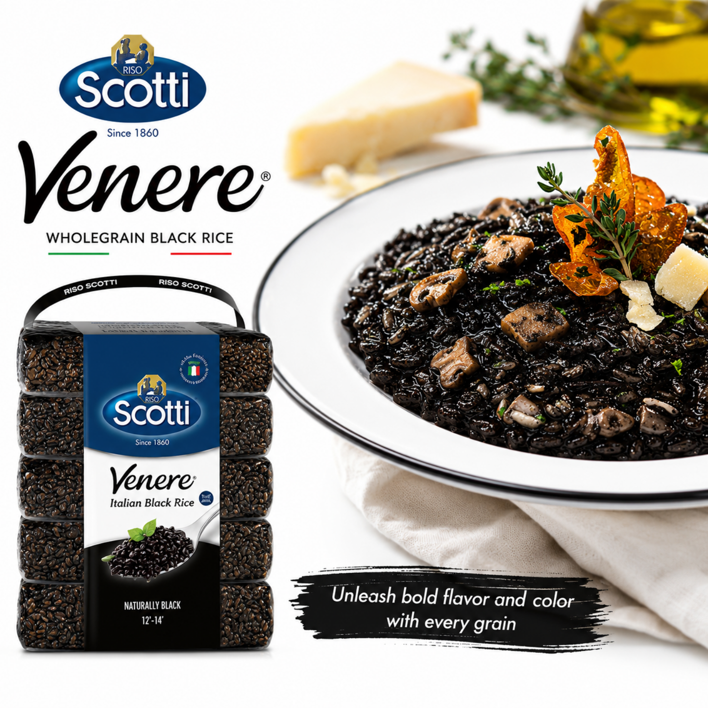 Scotti Venere wholegrain black rice shown as a packaged 4-pack on the left, alongside a plated prepared dish of black risotto on the right. The background is a clean white with styled food props including cheese, olive oil, and herbs.
