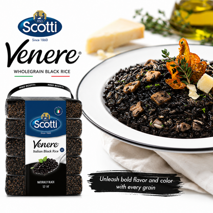 Scotti Venere wholegrain black rice shown as a packaged 4-pack on the left, alongside a plated prepared dish of black risotto on the right. The background is a clean white with styled food props including cheese, olive oil, and herbs.