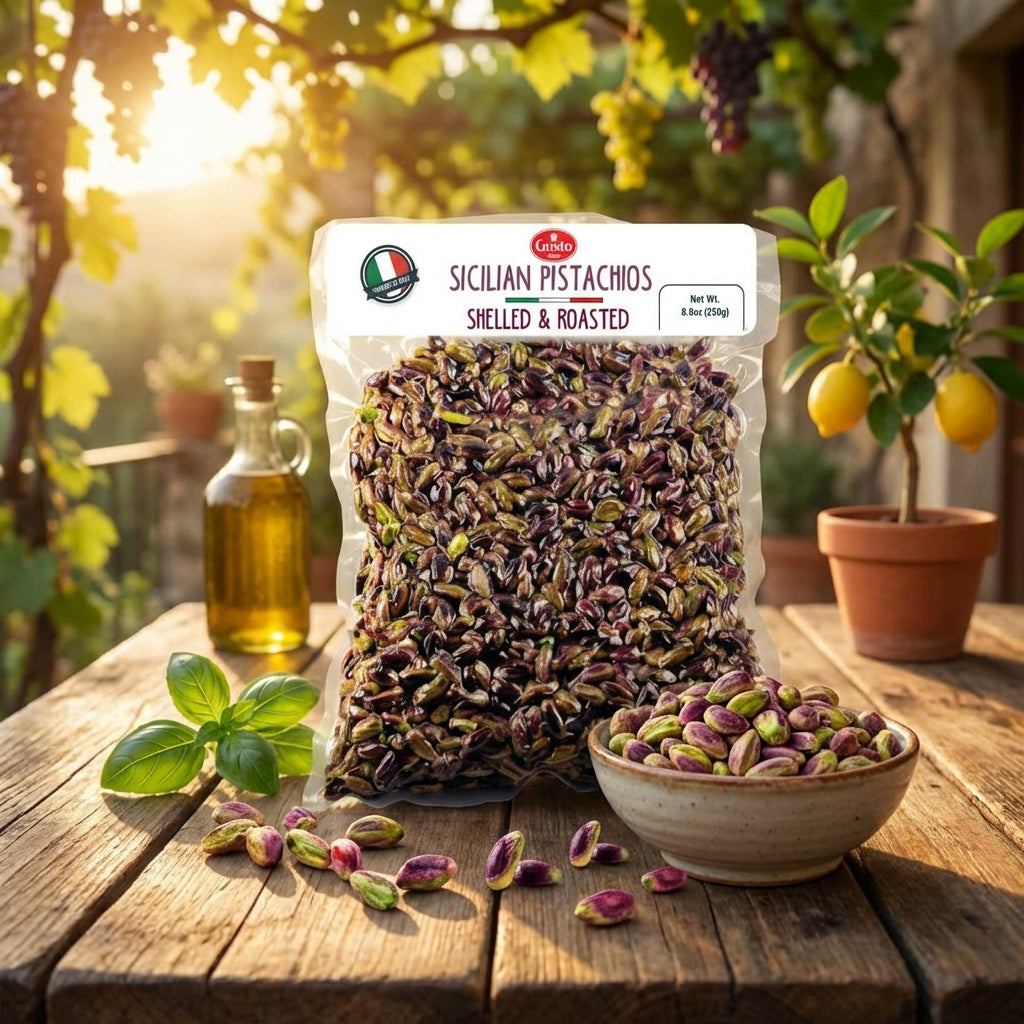 Packaged Sicilian pistachios on a wooden table with outdoor background