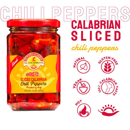 Jar of sliced Calabrian chili peppers with brand logo and product details on a white background