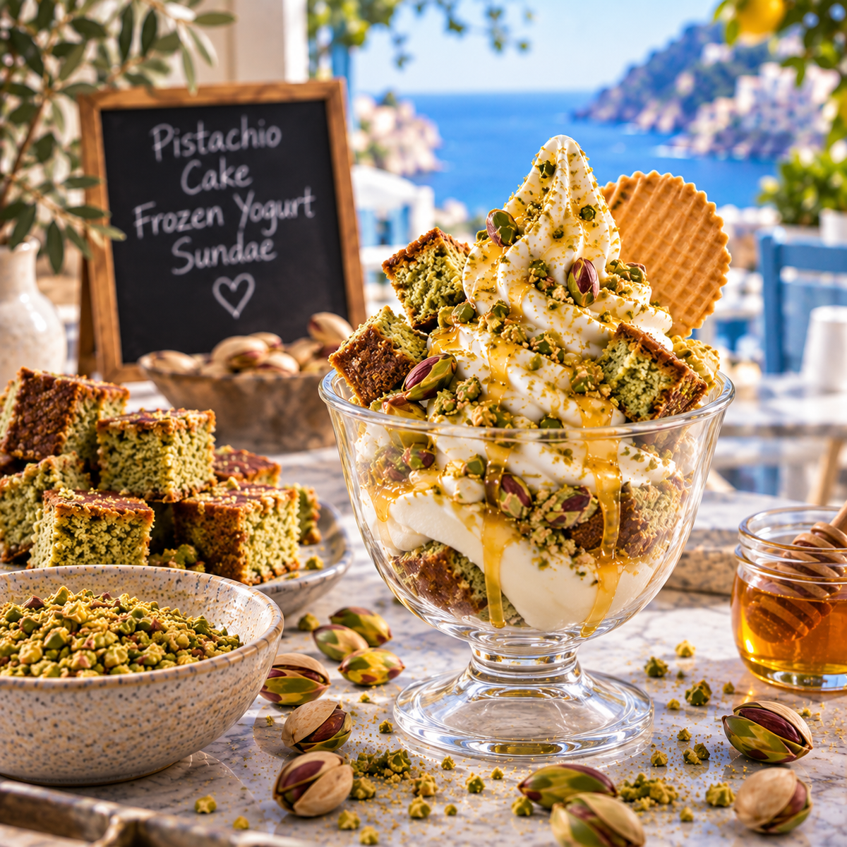 A dessert dish in a clear glass bowl featuring pistachio cake, frozen yogurt, and drizzled caramel sauce, styled on a table with bowls of pistachio pieces, a cookie, and a small chalkboard sign reading 'Pistachio Cake Frozen Yogurt Sundae' against an outdoor seaside background.