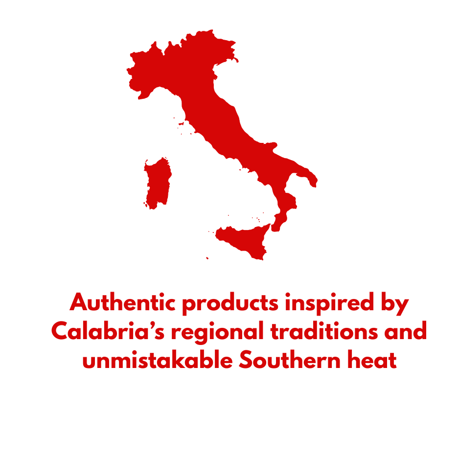 Map of Italy with text promoting Tutto Calabria authentic chili products inspired by Calabrian regional traditions and southern heat