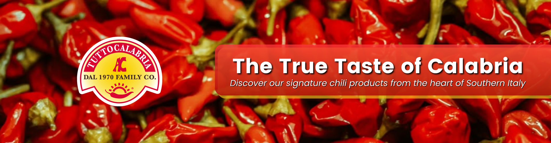 Background of fresh red Calabrian chili peppers with the Tutto Calabria logo