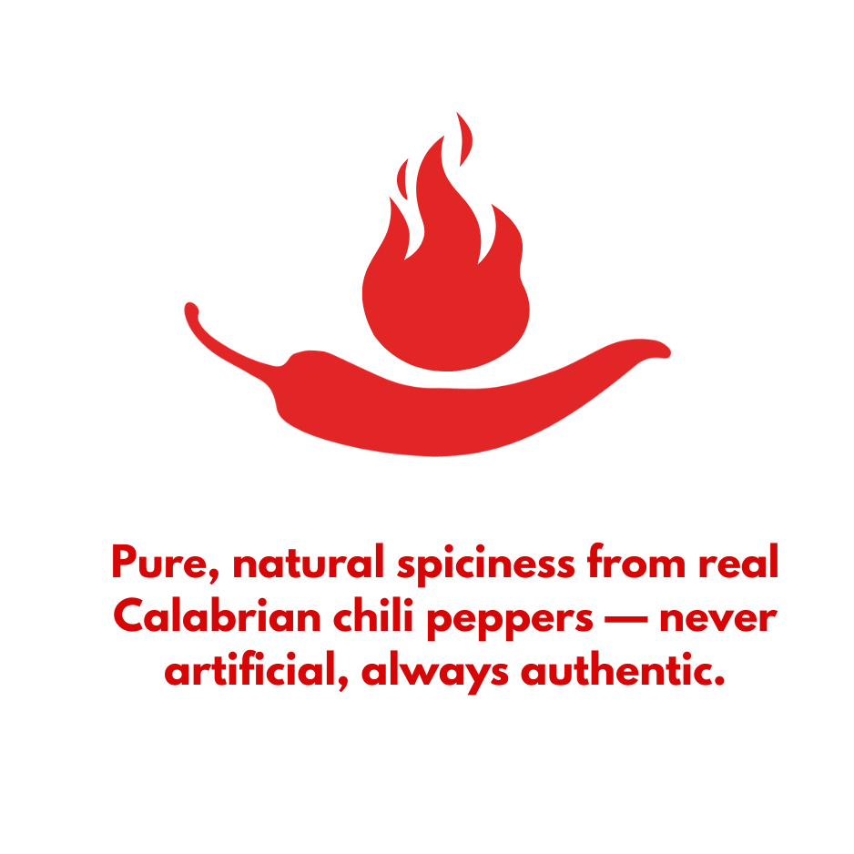 Red chili pepper icon with flame and text highlighting Tutto Calabria’s pure natural spiciness made from real Calabrian chili peppers