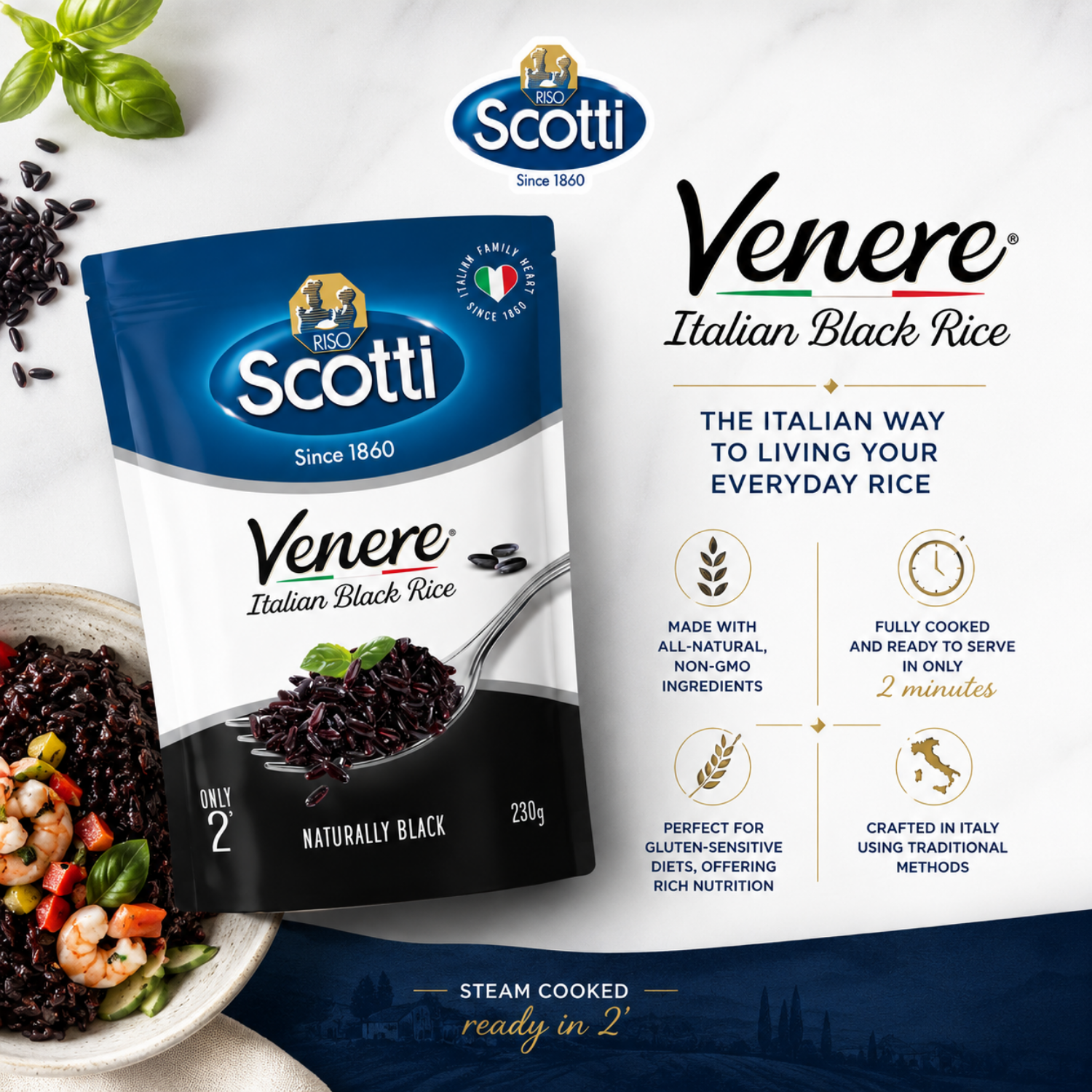 A package of Scotti Venere Italian Black Rice shown on a clean white background with product information text beside it and a prepared bowl of black rice with shrimp and greens at the lower left.