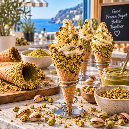 Three pistachio-flavored frozen yogurt cones with crushed pistachio and nuts, displayed on a marble table with bowls of ingredients, a rolled cone, and a scenic outdoor view in the background.