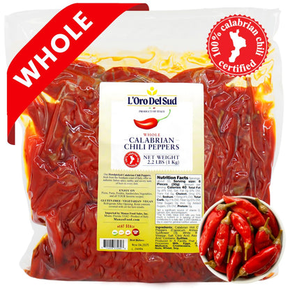 Packaged whole Calabrian chili peppers with L'Oro Del Sud label on a white background