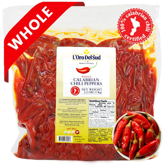 Packaged whole Calabrian chili peppers with L'Oro Del Sud label on a white background