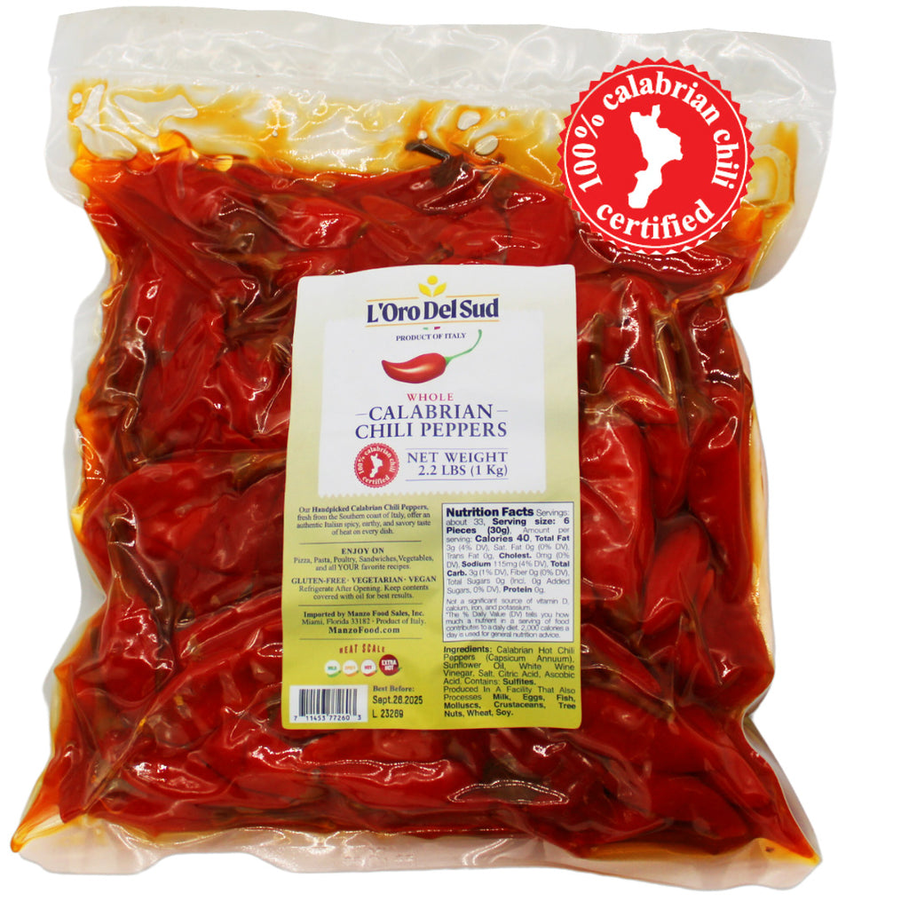 L'Oro Del Sud, Certified Authentic, Whole Calabrian Chili Peppers in Oil, 2.2 lb / 1 kg (900 gr drained)