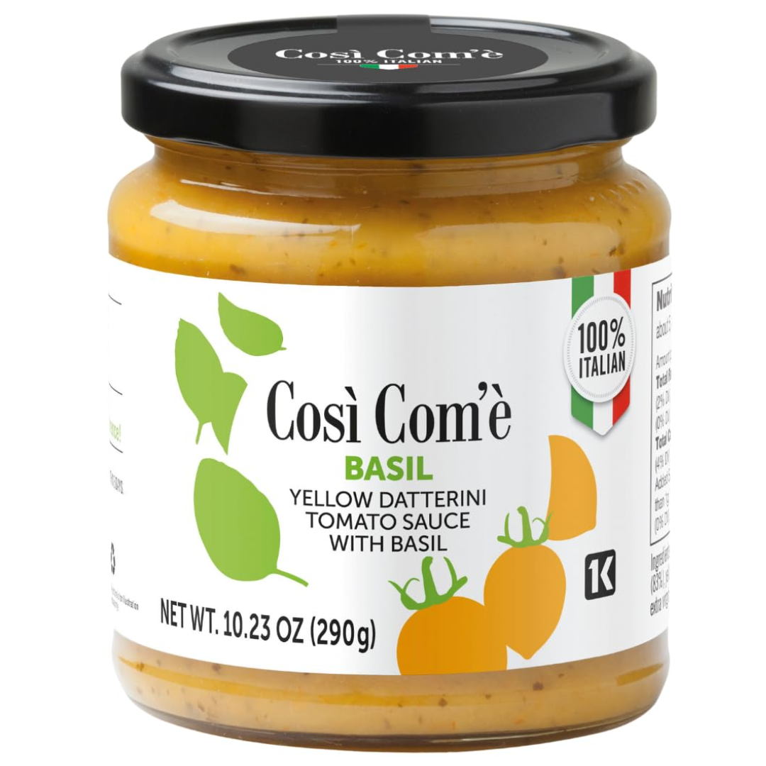 A jar of Cosé Com'è Yellow Datterino Tomato Sauce with Basil. The label shows the brand name, product name, weight, and an illustration of tomatoes and basil leaves.
