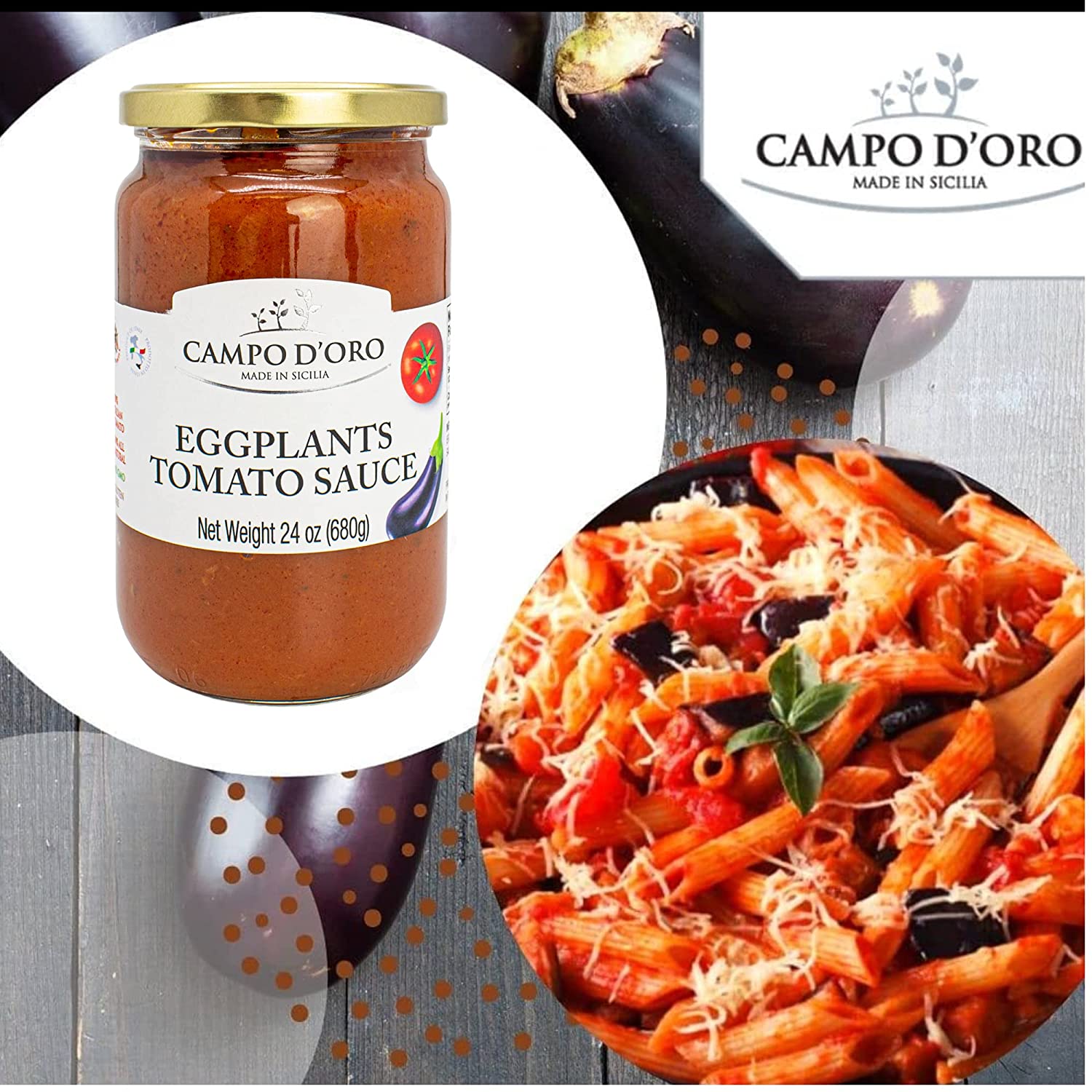 Italian Tomato Sauce with Eggplant, Made with Extra Virgin Olive Oil and Eggplants. 100% Natural, Italian, Jar 24oz (680g). Non-GMO, Gluten Free, By Campo D'Oro Italian Sausages