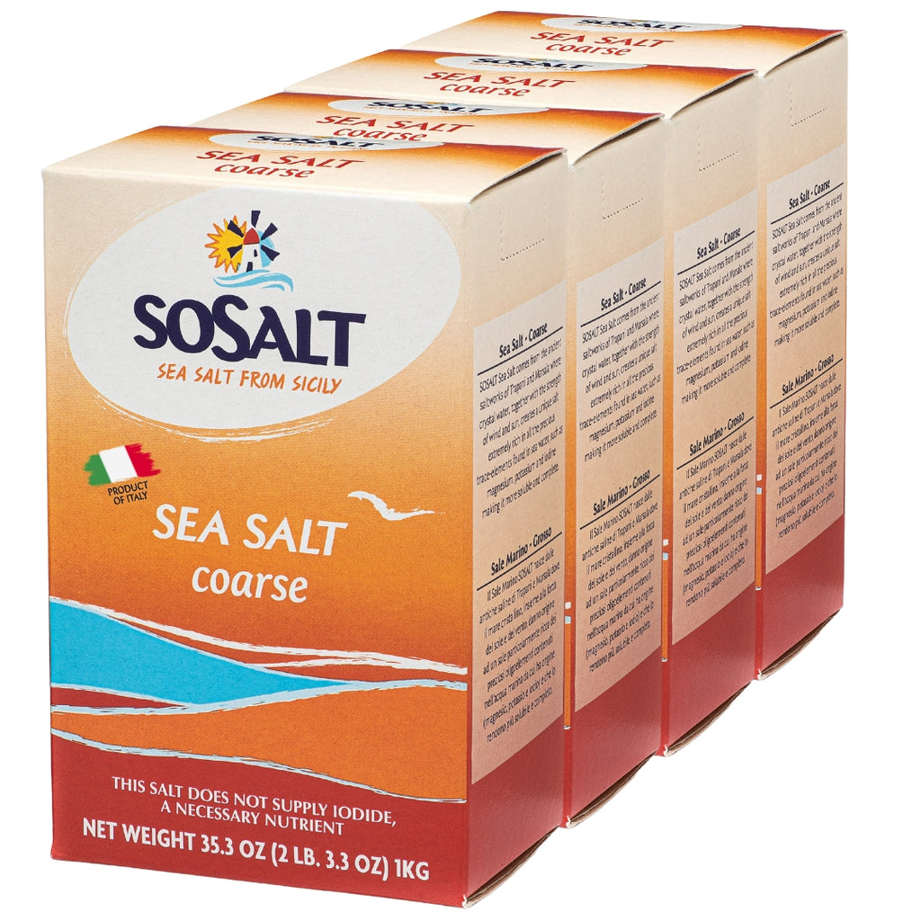 Coarse Natural Sea Salt, 4 pack x 1 kg (35.3 oz), SoSalt, Sicilian Sea Salt, Mediterranean Sea Salt, Kosher Sea Salt