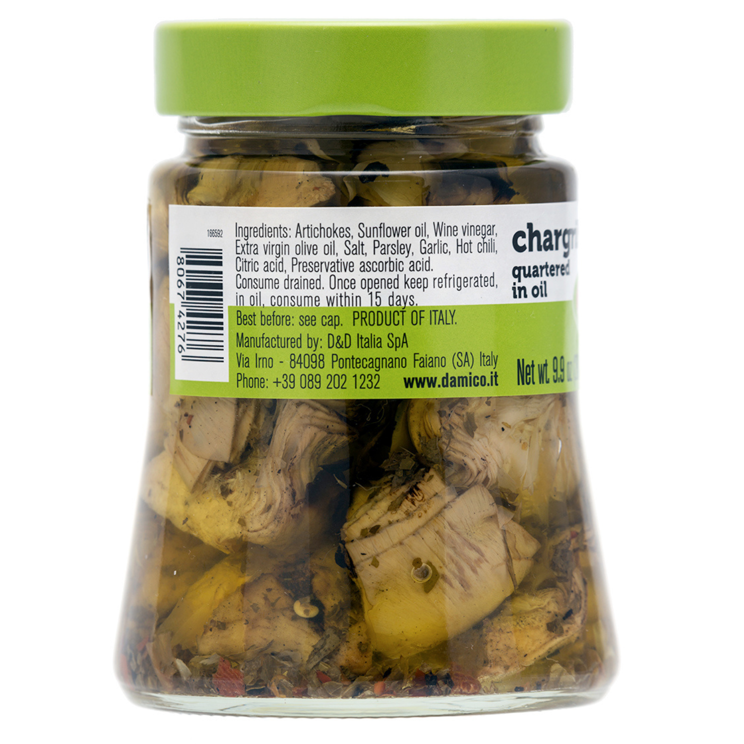 Fratelli D'Amico Chargrilled Artichokes Quartered in Oil. Net wt. 9.9oz (280g)