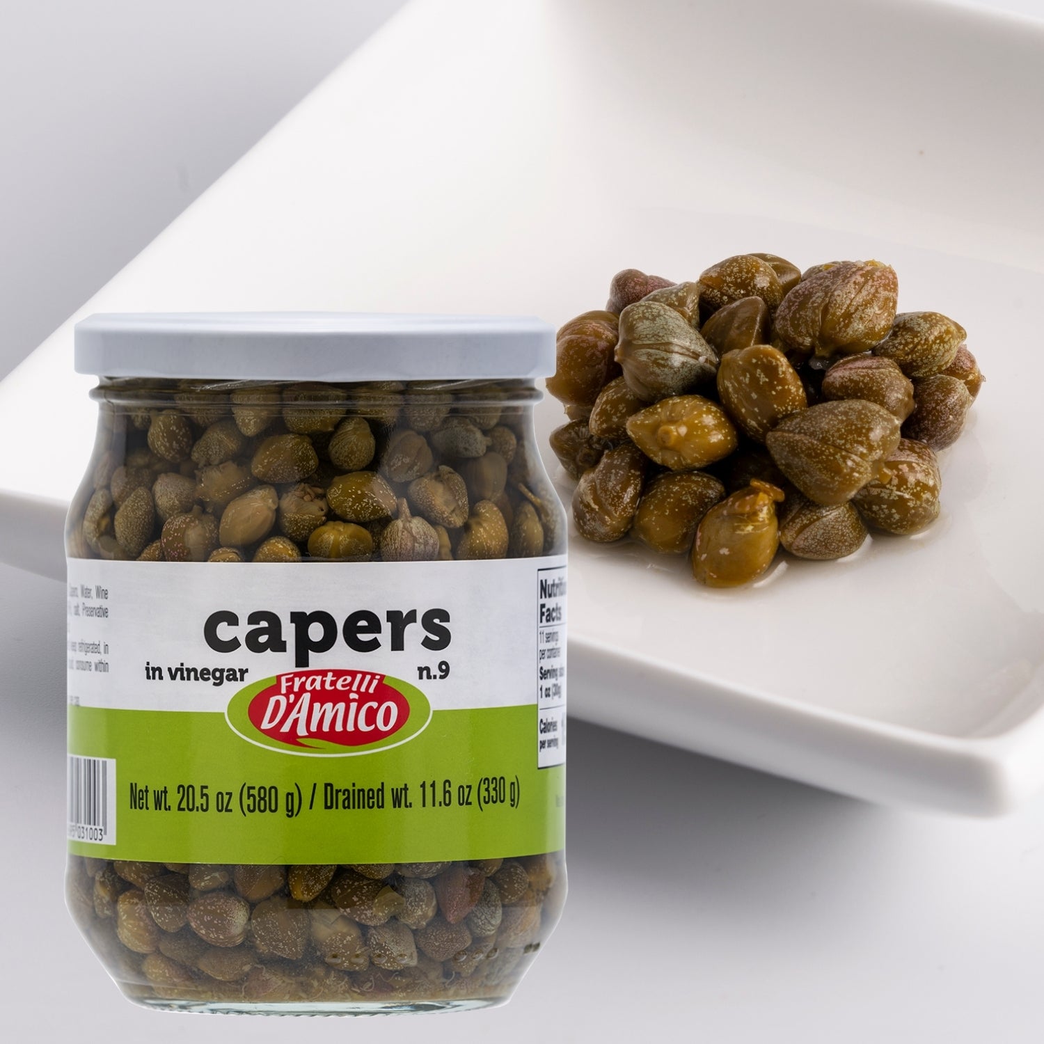 Fratelli D'Amico Capers in Vinegar, Pickles no 9, Net wt. 20.5oz (580g).
