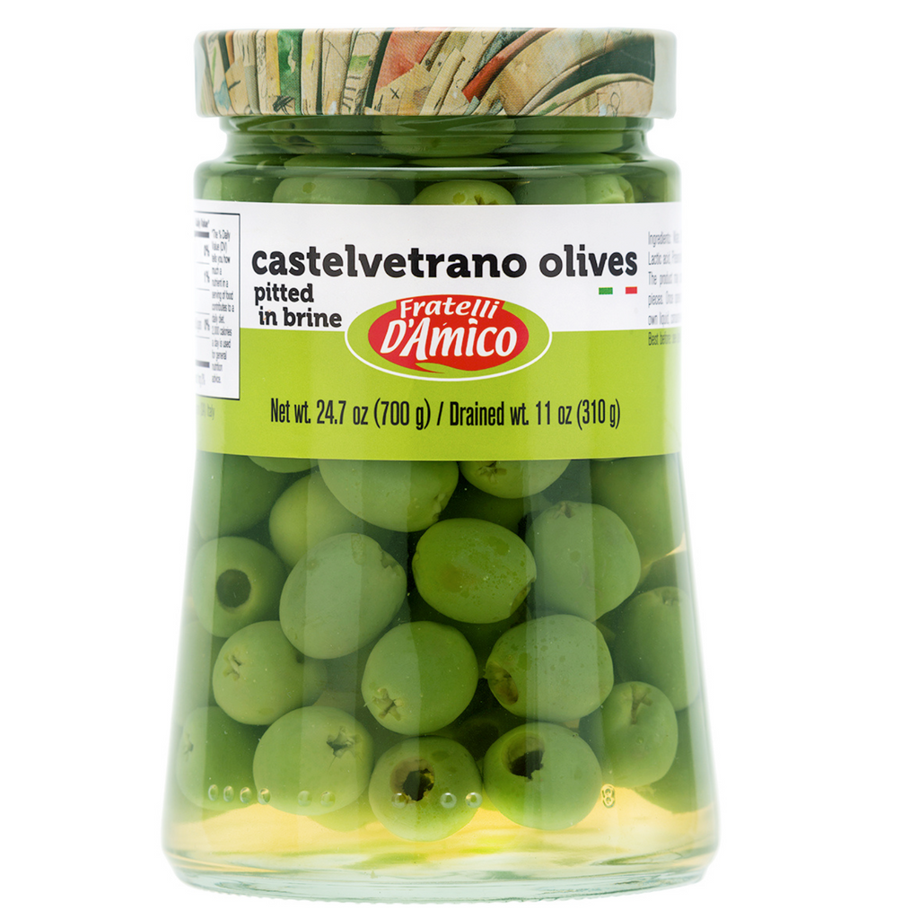 Fratelli D'Amico Castelvetrano olive (Pitted), Family-Size 24 oz (700 g).