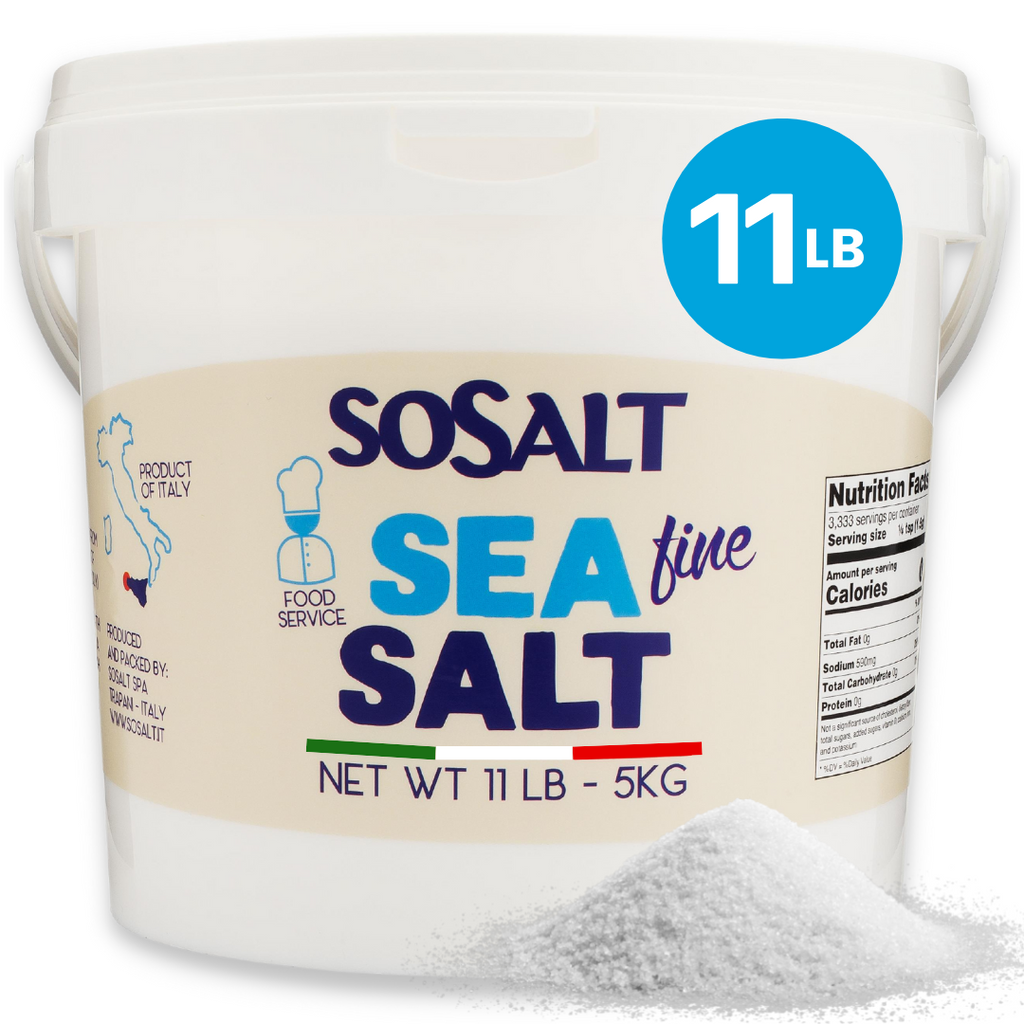 Fine Natural Sea Salt, (5kg) 11 lb, SoSalt, Sicilian, Mediterranean, Bulk, Foodservice Bucket, Grinder Refill Canning, Pickling, Cooking, Grilling, Asado, Parilla, Steak, Trapani, Mediterranean, Sicily, Italy