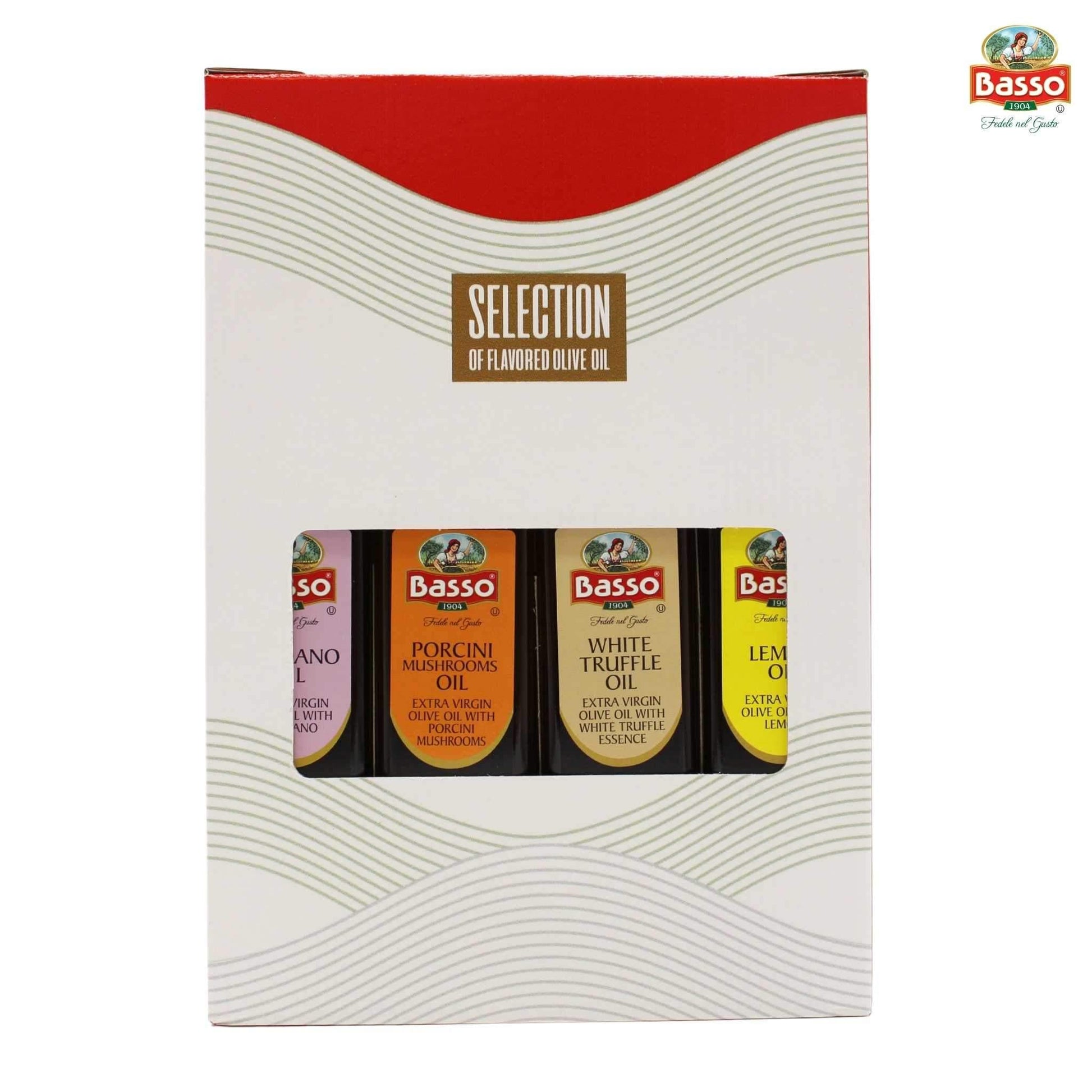 Basso 1904 Infused Extra Virgin Olive Oil Bottles – 8.5 fl. oz (250 ml) each, featuring Oregano, Lemon, Porcini Mushroom, and White Truffle flavors. Premium first cold-pressed EVOO infused with authentic Italian-grown herbs, spices, and aromatics.

