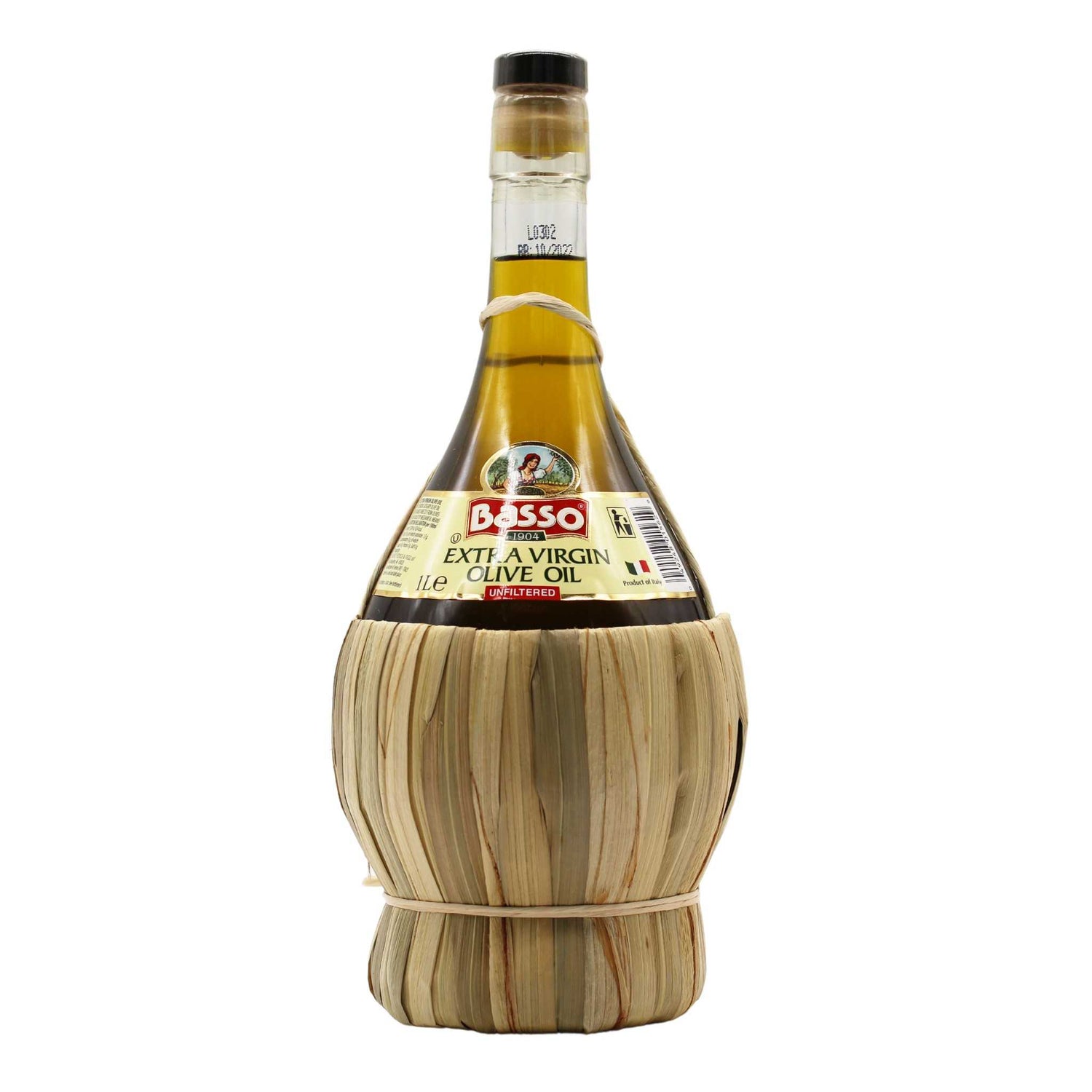 A bottle of BASSO Extra Virgin Olive Oil in a wicker basket, labeled as unfiltered and containing 1 liter of product.