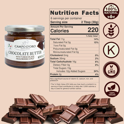 Campo D’Oro Chocolate Butter with Modica PGI, sweet chocolate cream spread in glass jar 6.35oz, authentic Italian spread