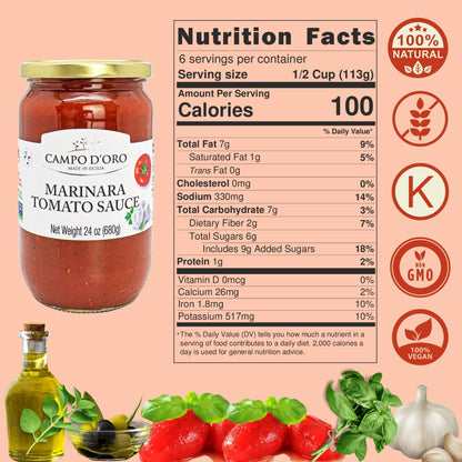 Campo D’Oro marinara tomato sauce made with Italian tomatoes, garlic, basil, parsley, oregano and extra virgin olive oil, authentic Italian pasta sauce in glass jar 24oz