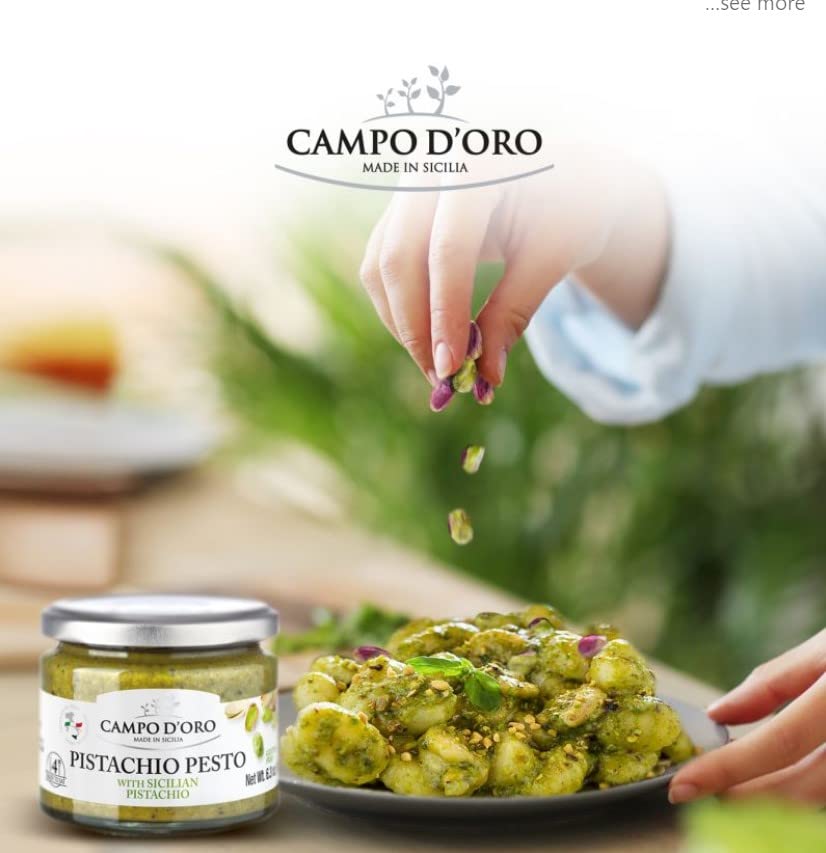 Campo D’Oro Pistachio Pesto Sauce with Sicilian pistachios, authentic Italian pesto in glass jar 6.35oz (180g), creamy pasta sauce from Sicily