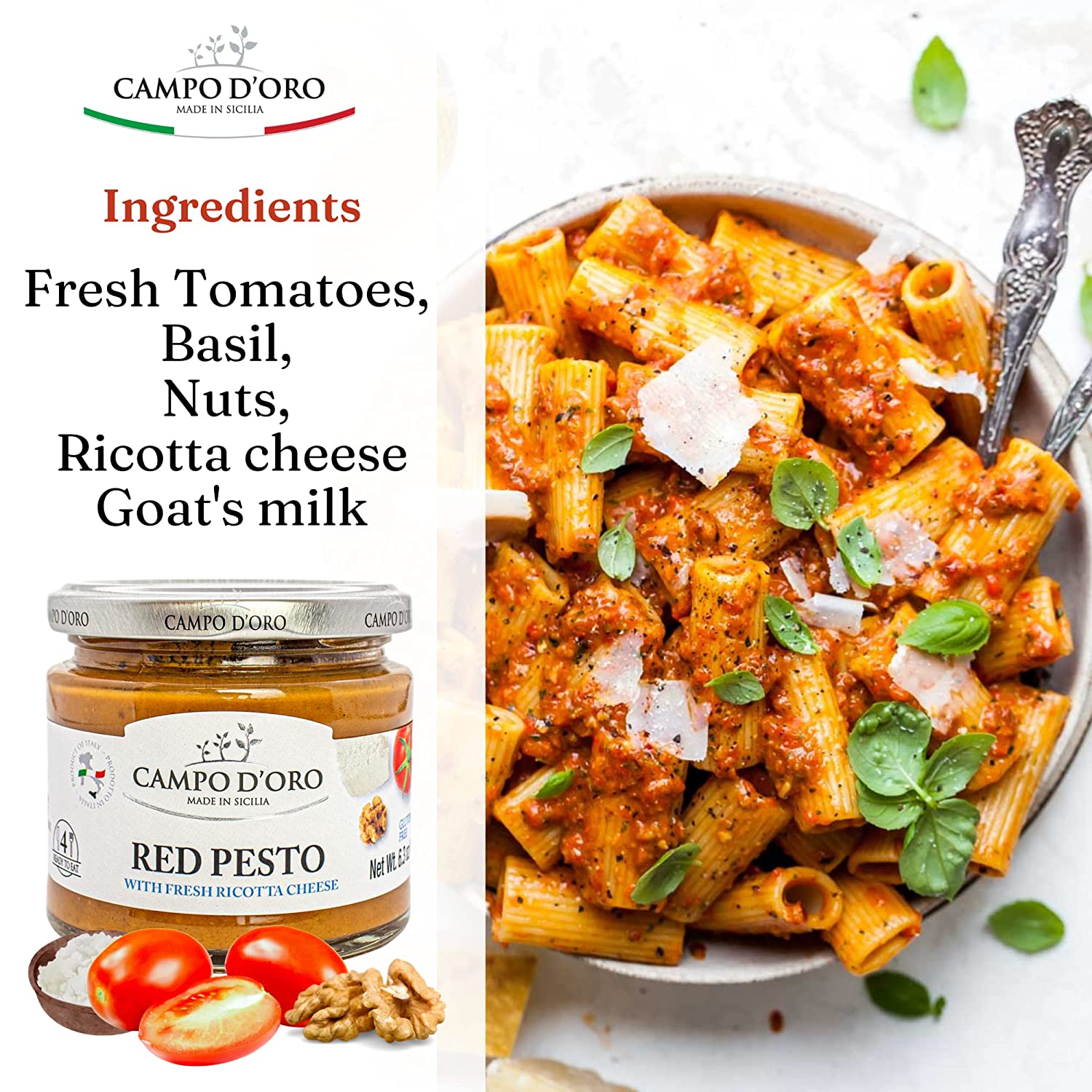 Campo D’Oro Italian red pesto sauce with sundried tomatoes and fresh ricotta cheese, authentic Sicilian pasta sauce in glass jar 6.35oz (180g), made in Italy