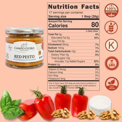 Campo D’Oro Italian red pesto sauce with sundried tomatoes and fresh ricotta cheese, authentic Sicilian pasta sauce in glass jar 6.35oz (180g), made in Italy