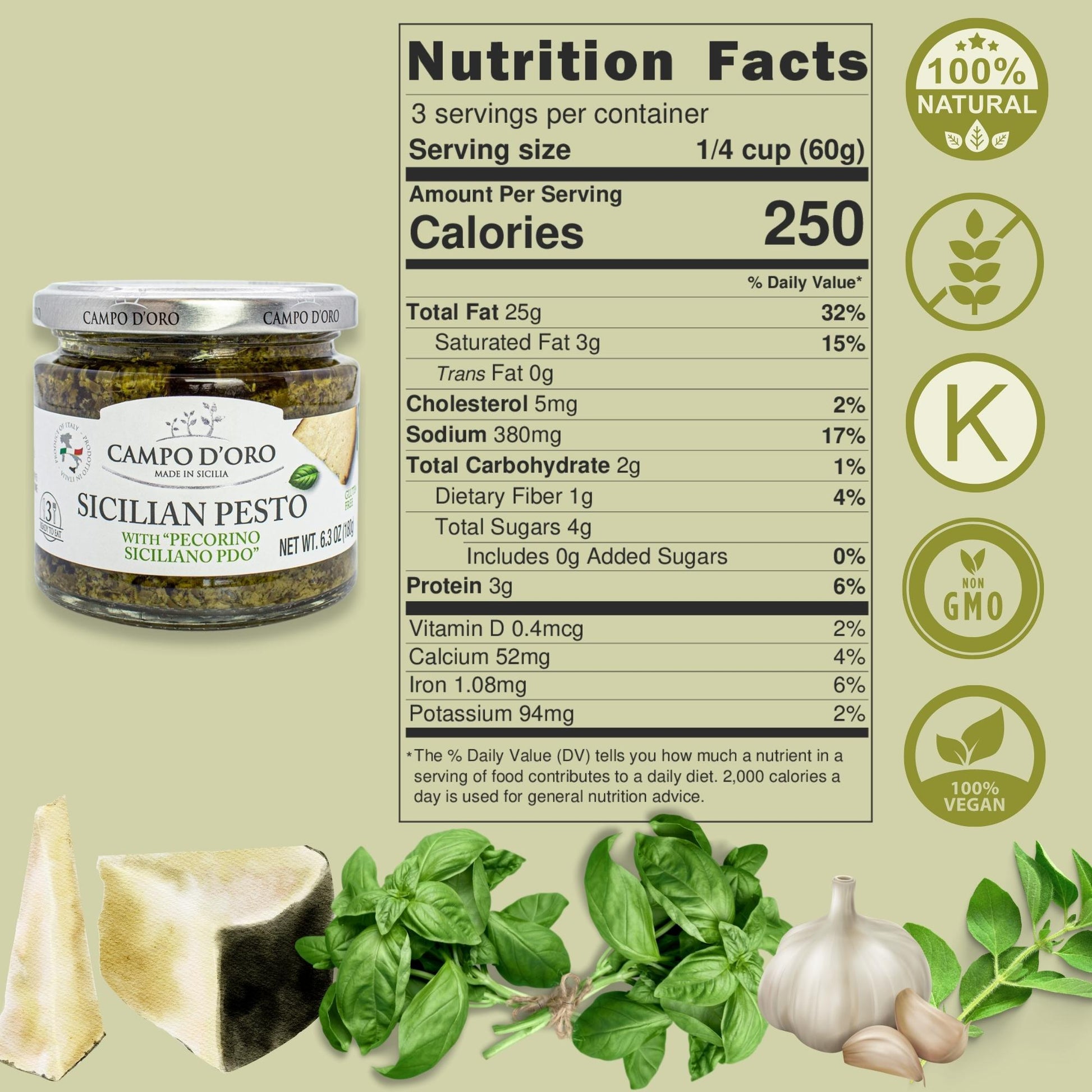 Campo D’Oro Sicilian Pesto with Pecorino Siciliano PDO, basil sauce in glass jar 6.35oz, authentic Italian pasta condiment