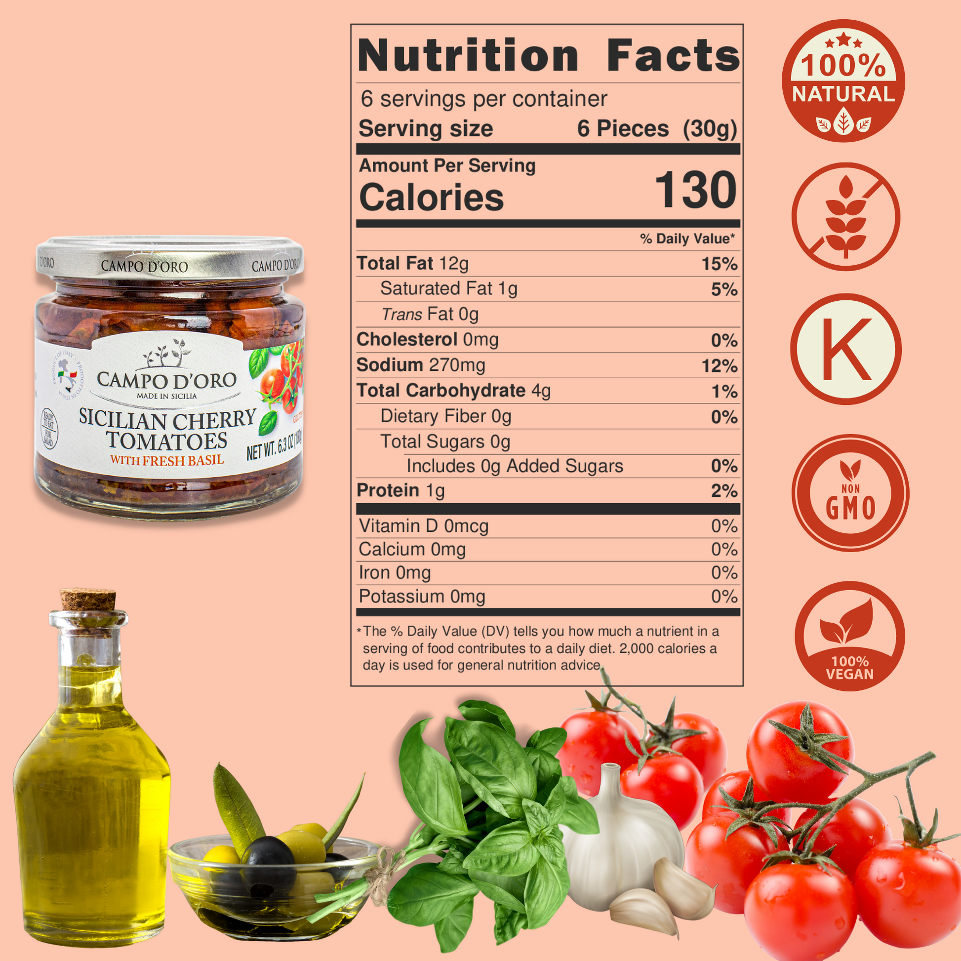 Campo D’Oro sundried cherry tomatoes in oil with fresh basil, authentic Italian antipasto in glass jar 6.35oz (180g), perfect for pasta, pizza, salads, and bruschetta