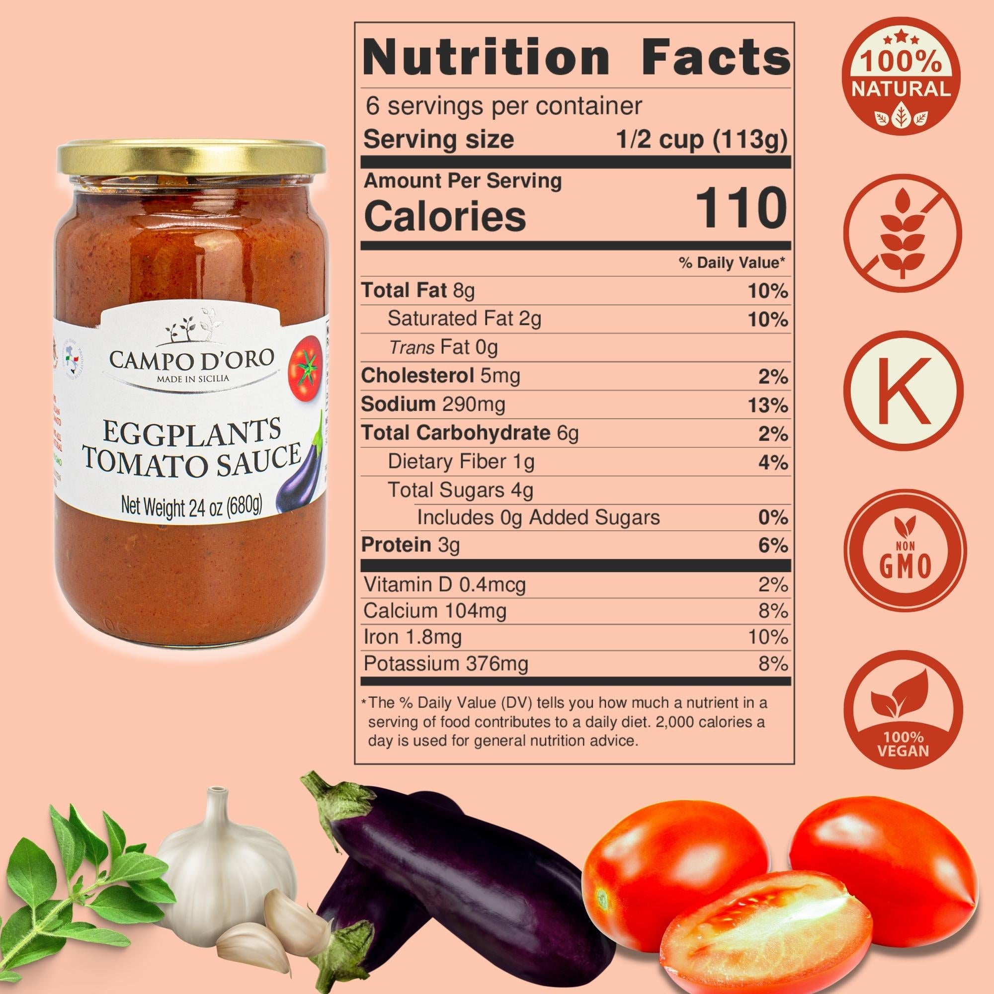 Italian Tomato Sauce with Eggplant, Made with Extra Virgin Olive Oil and Eggplants. 100% Natural, Italian, Jar 24oz (680g). Non-GMO, Gluten Free, By Campo D'Oro Italian Sausages