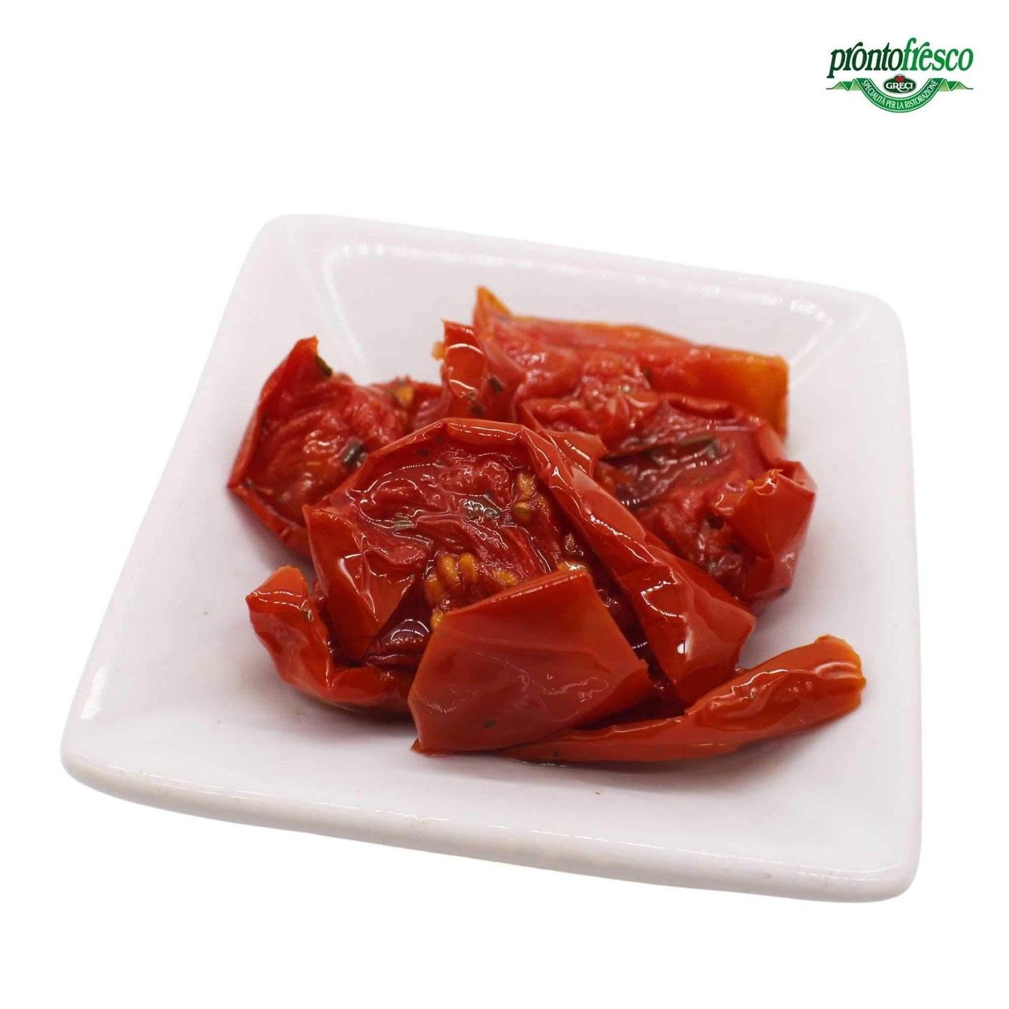 Close-up view of semi-dried oven roasted tomato pieces showing texture and rich red color.