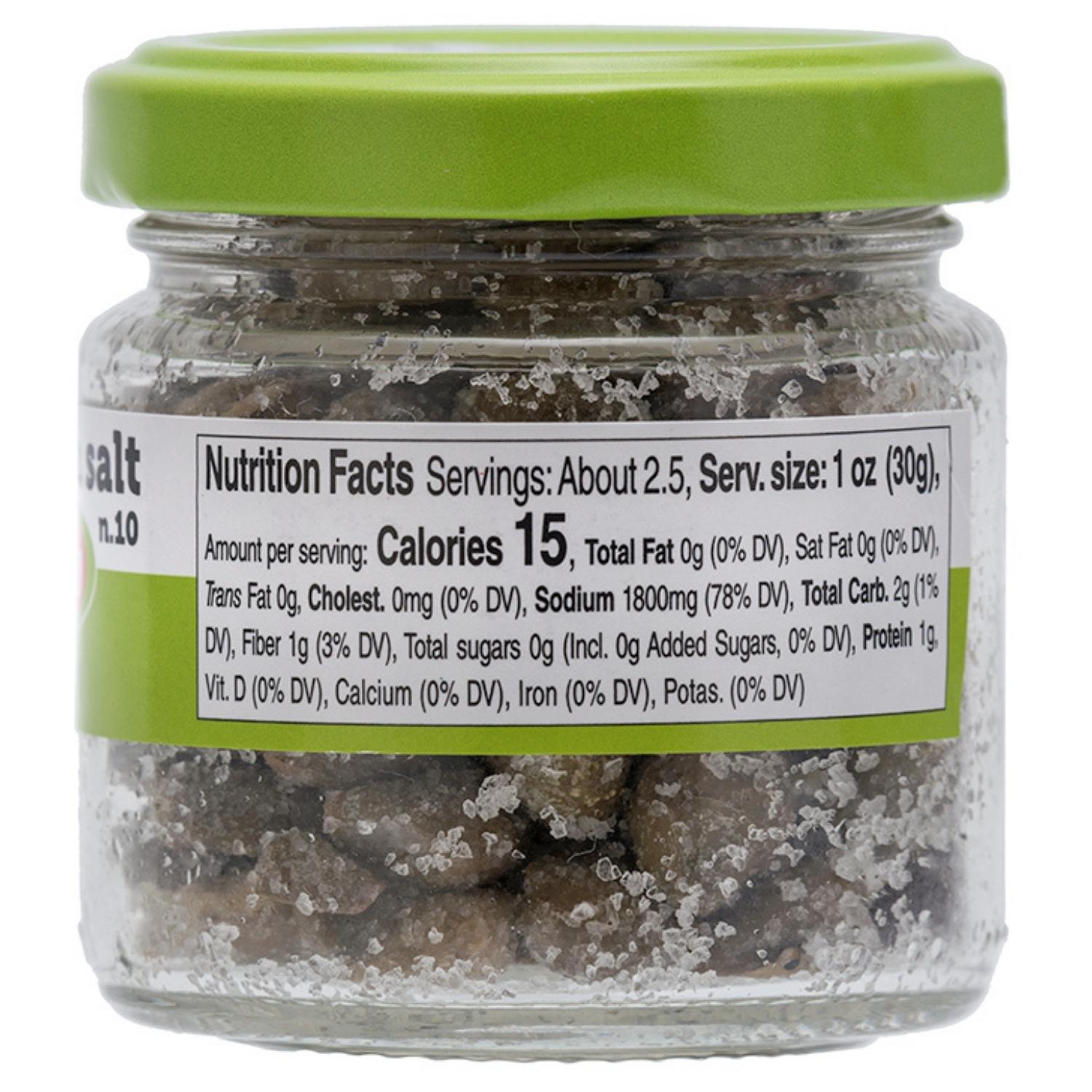 Close-up of the nutrition facts label on Fratelli D’Amico Capers in Salt jar (2.5 oz / 70 g), showing serving size, calories, sodium content, and other nutritional values.