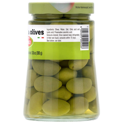 Back label of Fratelli D’Amico Green Cerignola Olives in brine jar, showing ingredients list (olives, water, salt, citric acid, lactic acid, ascorbic acid) and storage instructions, with large green olives visible through the glass