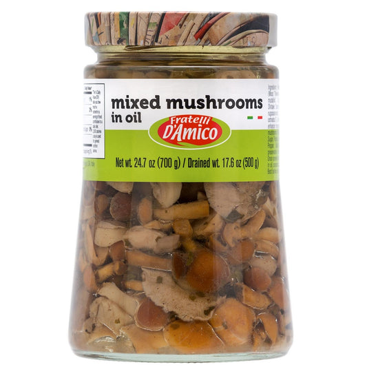 A jar of Fratelli D'Amico Mixed Mushrooms in oil. The label indicates that it is a family-size, non-GMO product made in Italy.